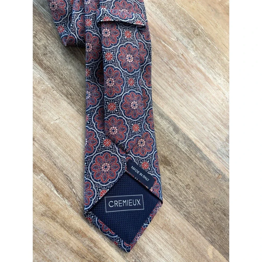 CREMIEUX Silk Tie Red & Blue Floral Medallion Jacquard Necktie 59” Made In Italy